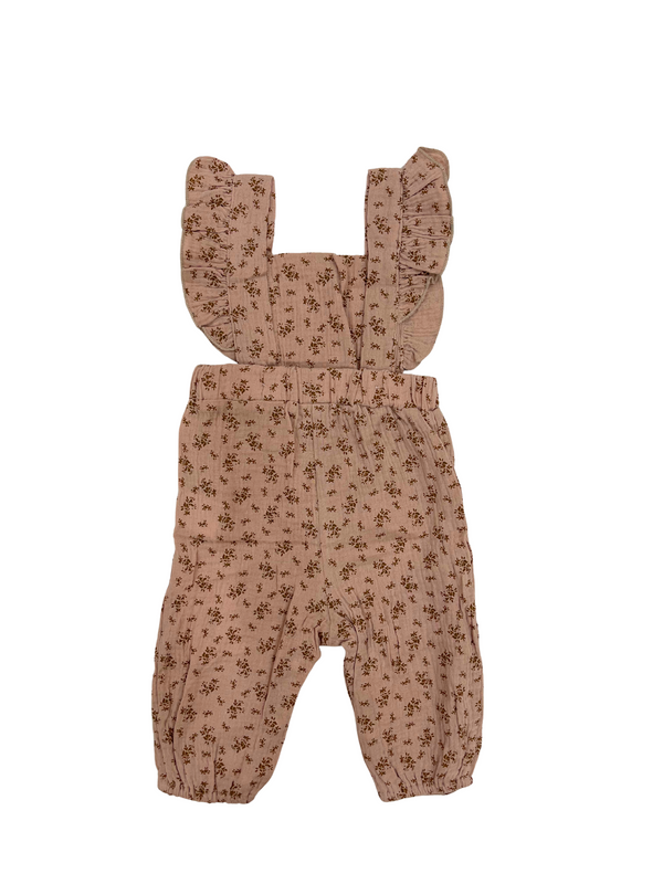 Baby Girl Floral Romper - Beige Ruffle Shoulder Flutter Sleeve Jumpsuit - Vintage Boho Baby Outfit with Snap Crotch