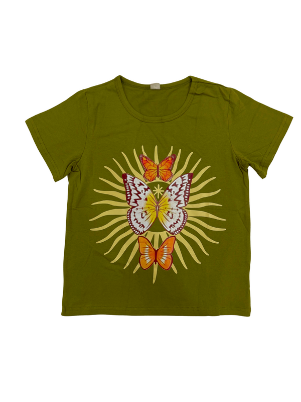Olive Green Butterfly T-Shirt - Vintage Boho Sunburst Graphic Tee - Women's Nature Inspired Short Sleeve Top