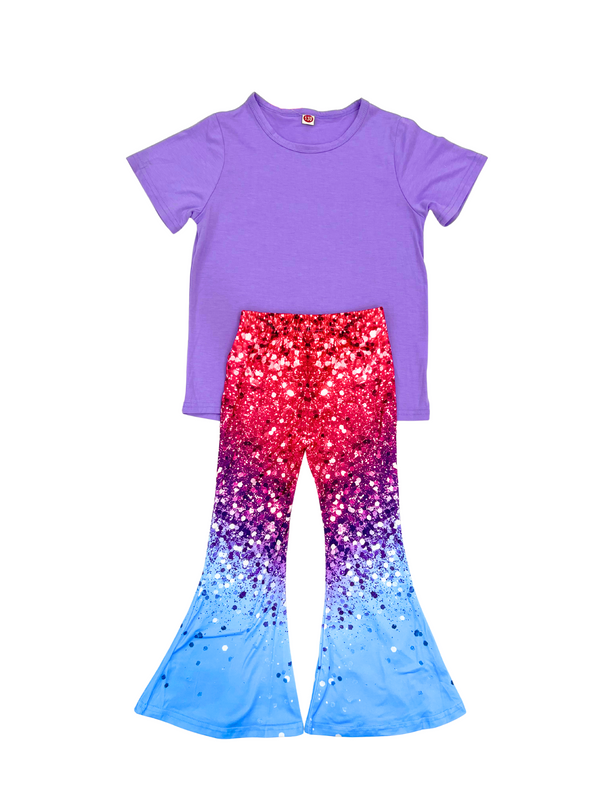 Girls Purple Top Rainbow Sparkle Bell Bottom Pants Set - Kids Retro Flare Outfit Two Piece