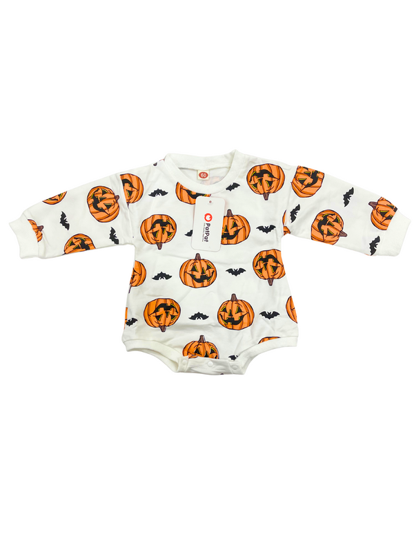 Kids Halloween Pumpkin Bat Print Romper - Boys Girls Orange Jack-o-Lantern One Piece Outfit