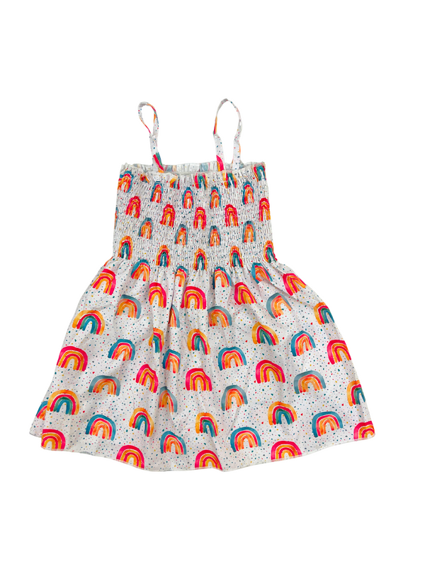 Girls Rainbow Print Smocked Sundress - Kids Colorful Summer Dress with Adjustable Straps