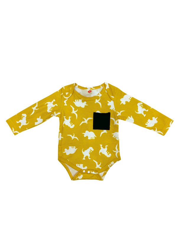 Baby Yellow Dinosaur Print Long Sleeve Romper with Black Pocket - Infant One Piece