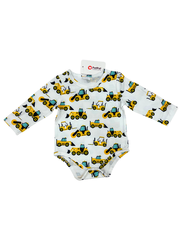 Baby Boy Construction Truck Romper - Long Sleeve Bulldozer Print Romper - Infant Work Vehicle Outfit