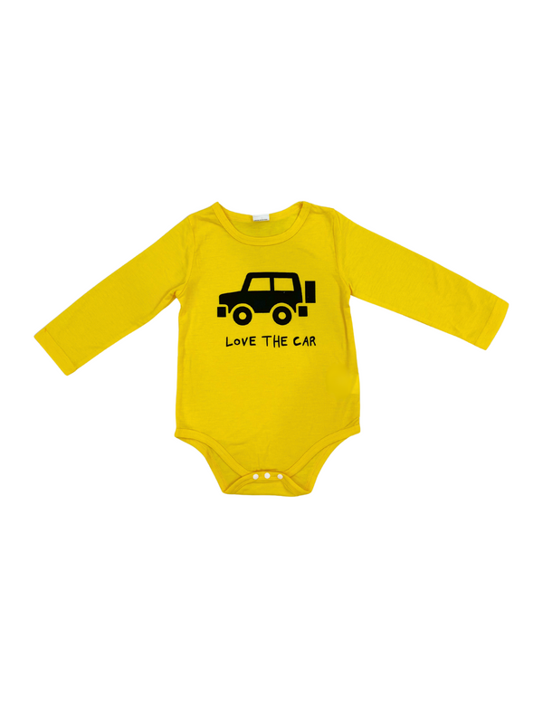 Yellow Baby Romper "Love The Car" Long Sleeve - Infant Car Lover Romper - Baby Boy Vehicle Romper