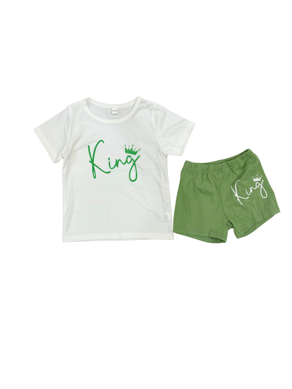 Boys "King" Outfit Set - White T-Shirt Green Shorts 2-Piece Summer Set - Toddler King Crown Print Clothes