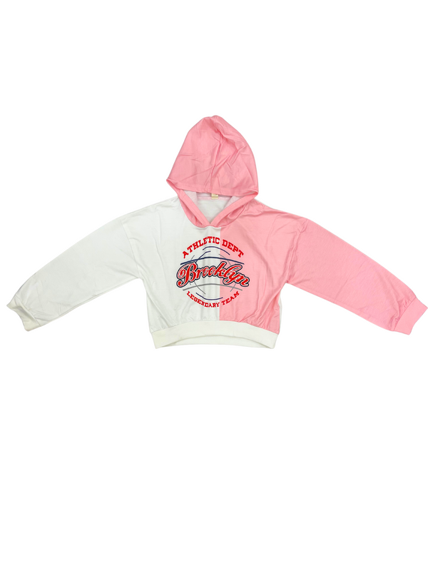 Girls Pink White Colorblock Hoodie - Brooklyn Athletic Dept Cropped Sweatshirt