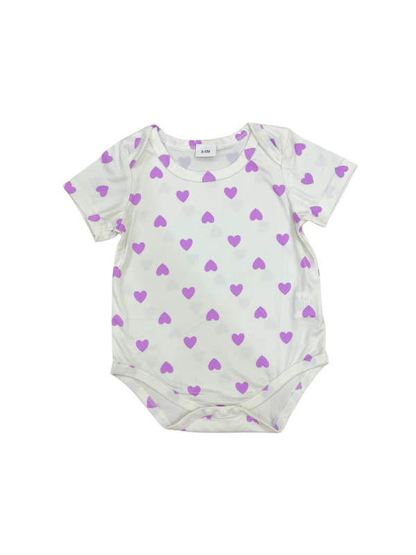 Baby Girls White Purple Heart Print Romper - Short Sleeve Bodysuit Onesie - Infant One Piece
