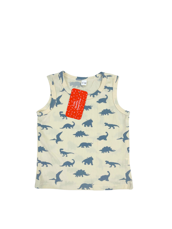 Boys Dinosaur Print Tank Top - Blue Cream Sleeveless Shirt - Kids Summer Dino Top