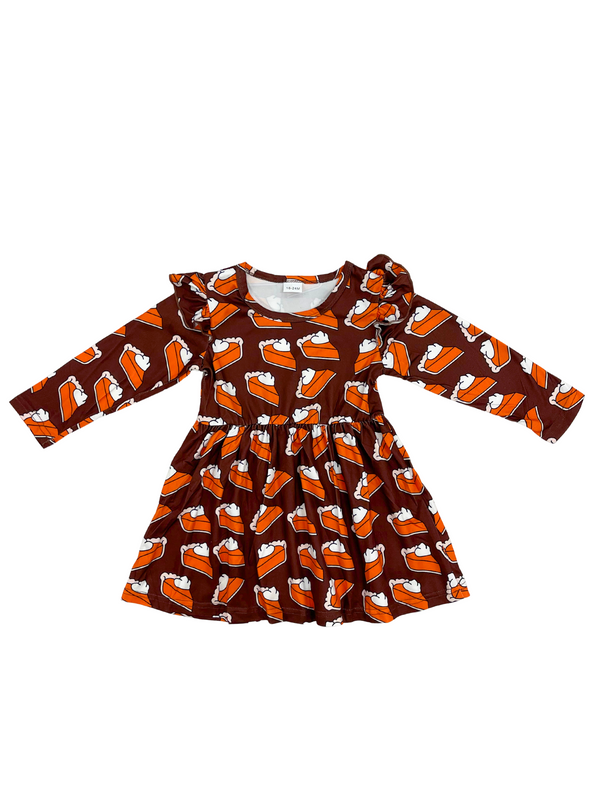 Girls Pumpkin Pie Print Dress - Brown Orange Long Sleeve Fall Thanksgiving Dress