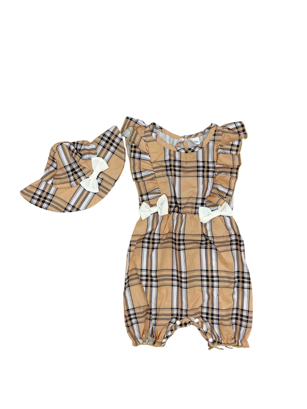 Baby Girls Plaid Romper Set with Matching Hat - Tan Brown Check Outfit - Infant Two Piece