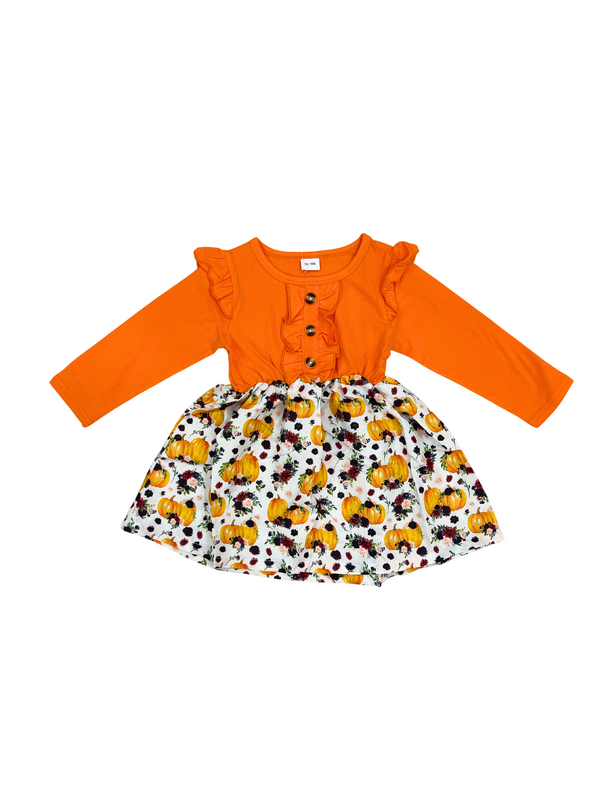 Girls Halloween Pumpkin Dress - Orange Long Sleeve Fall Autumn Ruffle Button Dress