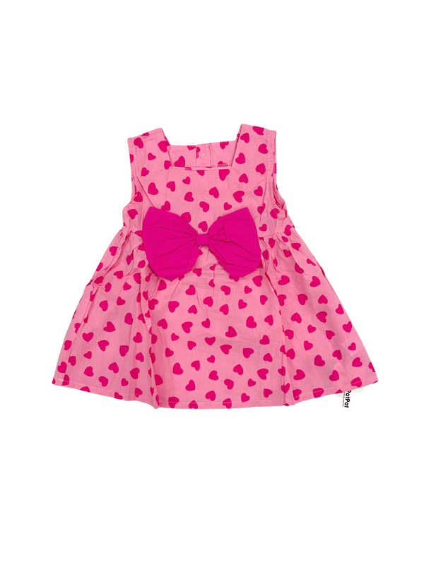 Girls Pink Heart Print Dress with Bow - Sleeveless Party Dress