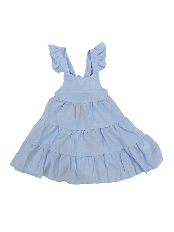 Girls Light Blue Tiered Ruffle Dress - Cottagecore Prairie Style Summer Dress with Flutter Sleeves