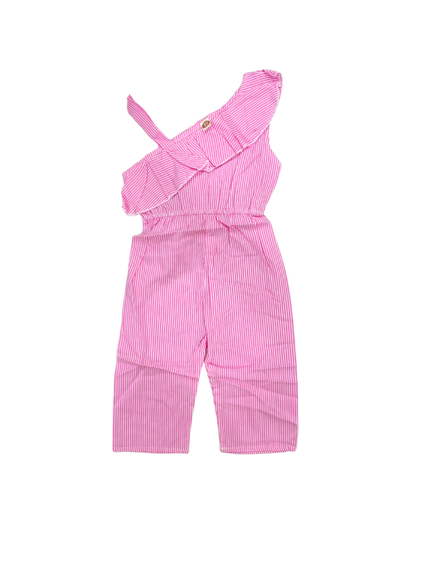 Girls Pink White Striped One Shoulder Jumpsuit - Asymmetrical Ruffle Romper Summer Outfit