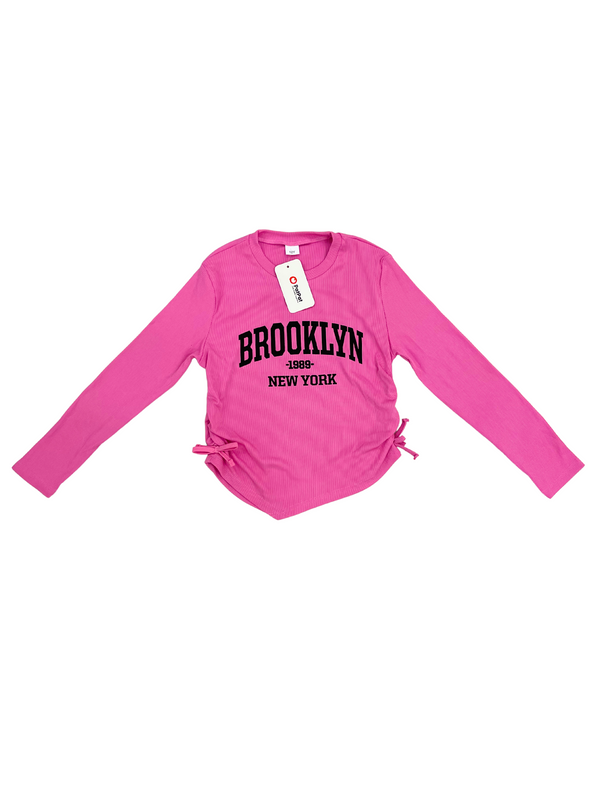 Girls Pink Brooklyn New York Graphic Long Sleeve Top - Ribbed Side Tie Shirt 1999