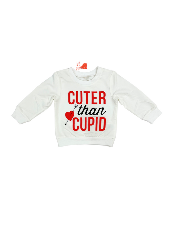 Kids "Cuter than Cupid" Sweatshirt - White Long Sleeve Heart Graphic Top