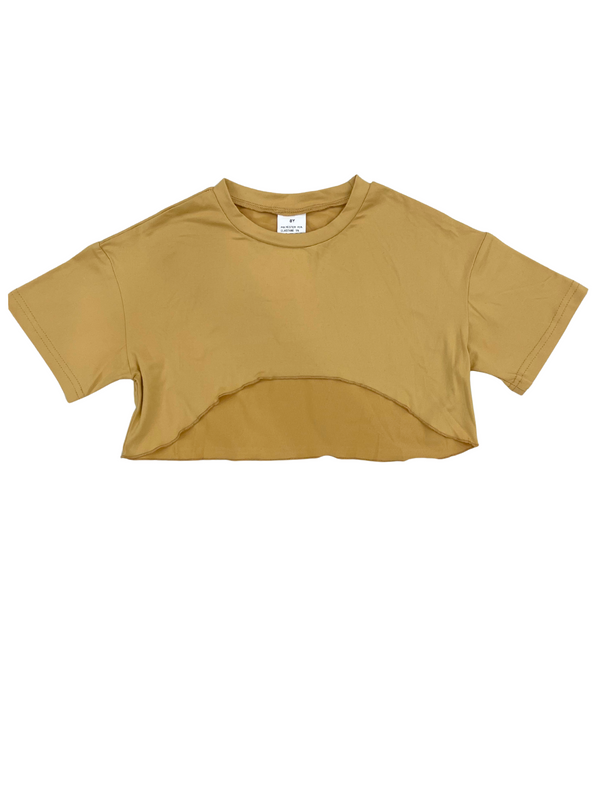 Kids Mustard Yellow Crop Top - Trendy Short Sleeve Cropped T-Shirt with Curved Hem
