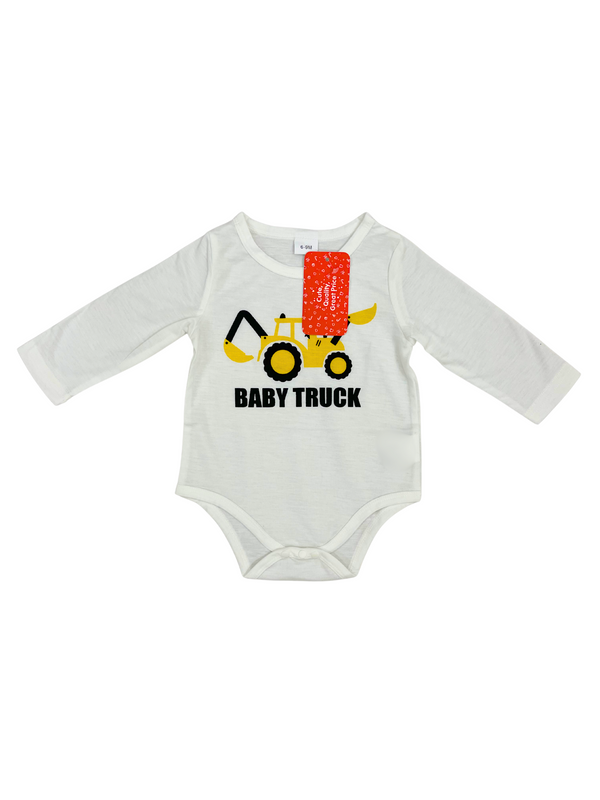 Baby Truck Construction Romper - Long Sleeve White Bodysuit Romper with Excavator Graphic