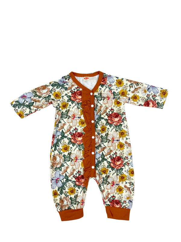 Vintage Floral Long Sleeve Baby Romper - Organic Cotton One-Piece with Rust Orange Trim