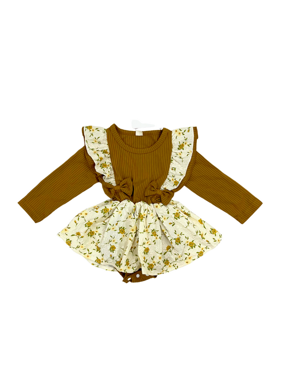 Mustard Ribbed Long Sleeve Romper Dress with Floral Ruffle Skirt - Toddler Girl One-Piece Outfit