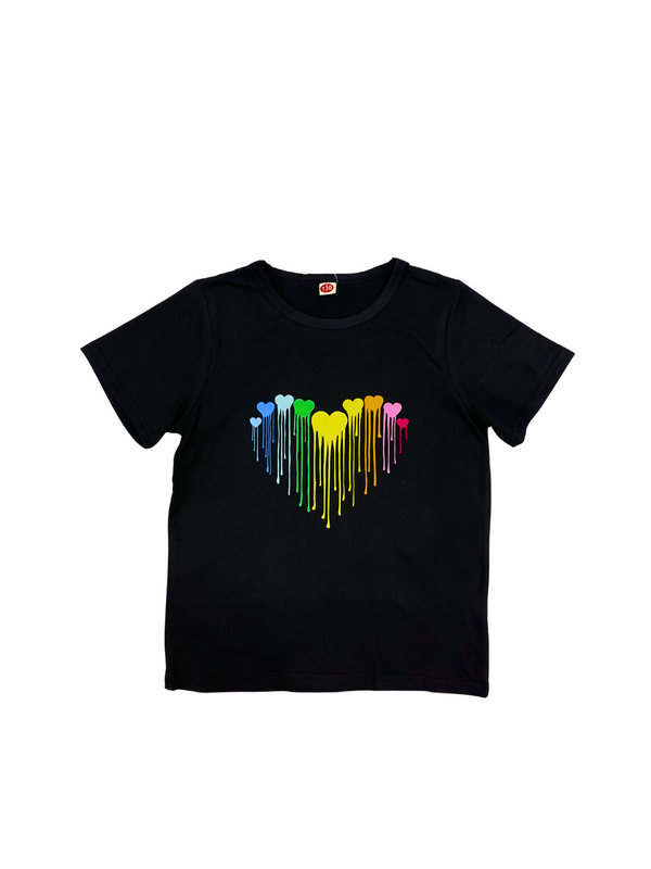 Black T-Shirt with Colorful Dripping Heart Design - Kids Rainbow Heart Graphic Tee