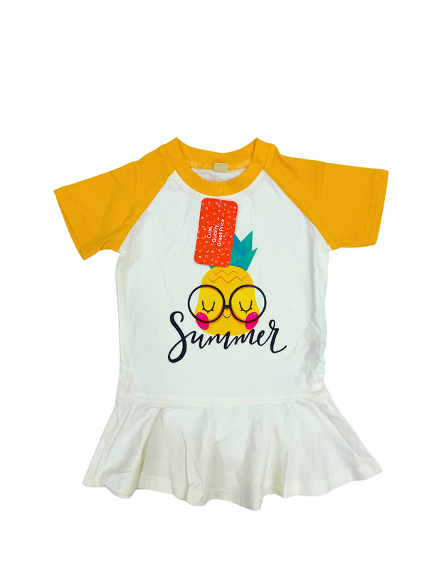 Summer Pineapple Raglan Sleeve Dress with Glasses Design - Yellow and White Toddler Dress