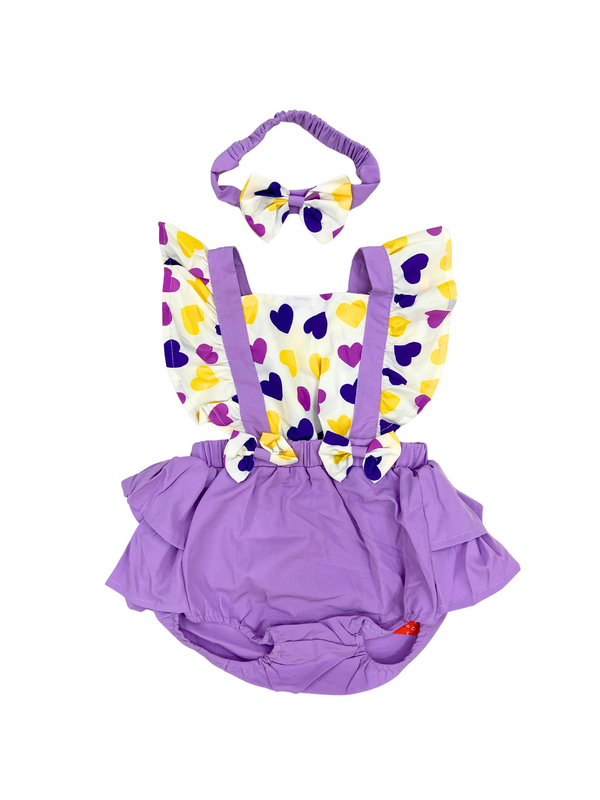 Purple Heart Print Baby Romper Set with Matching Headband - Ruffled Flutter Sleeve Outfit