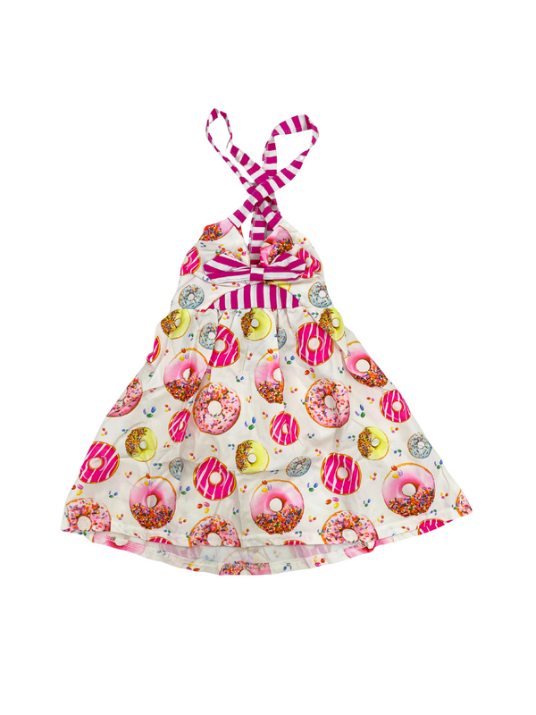 Colorful Donut Print Halter Dress - Girls Sweet Treats Summer Dress with Striped Straps