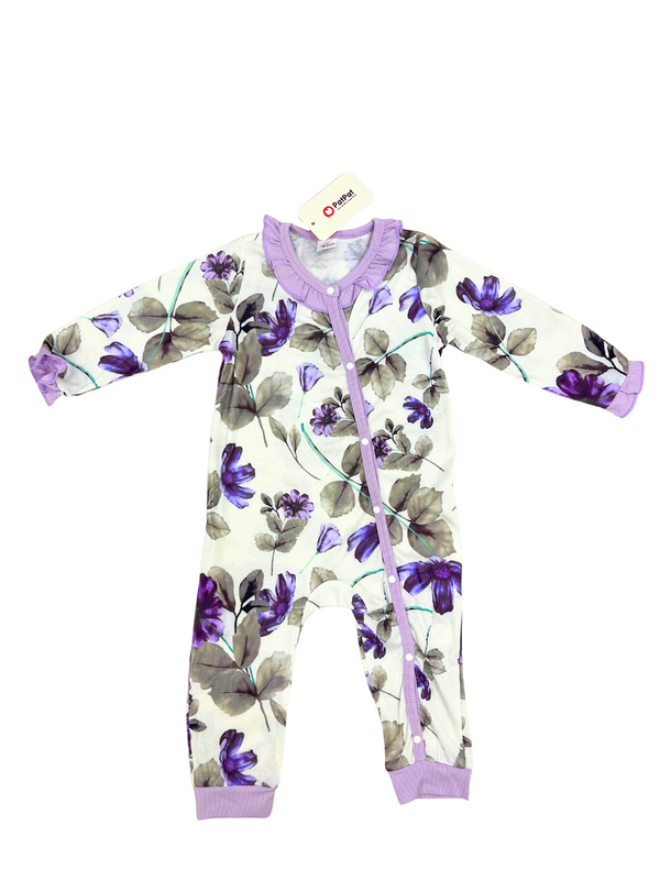 Purple Floral Baby Romper - Long Sleeve Wrap Style Sleepsuit for Girls | Organic Cotton Pajamas