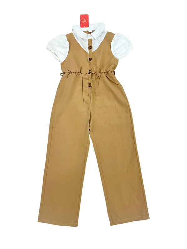 Girls Tan Jumpsuit with White Puff Sleeve Blouse