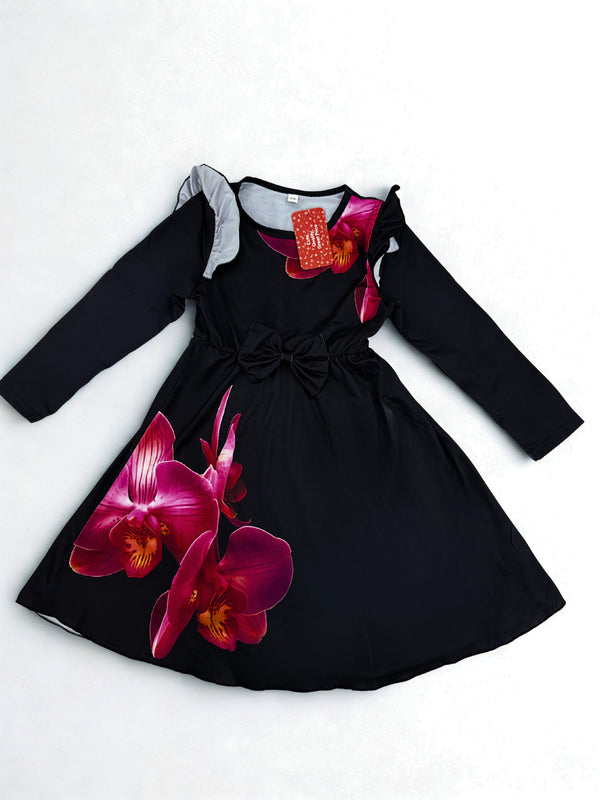 Girls Black Long Sleeve Floral Print Dress with Bow Belt - 6-7 Years