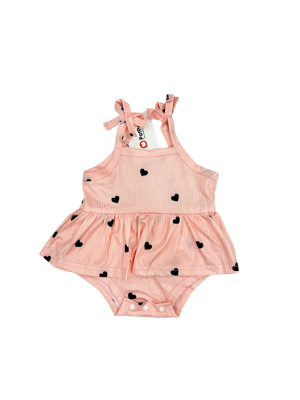 Infant Girls Pink Ribbed Heart Pattern Sleeveless Romper Dress - 3-6 Months